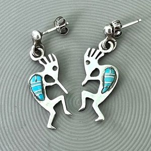 Kokopelli Turquoise Inlay Post Dangly Earrings, Southwest Native American Signed